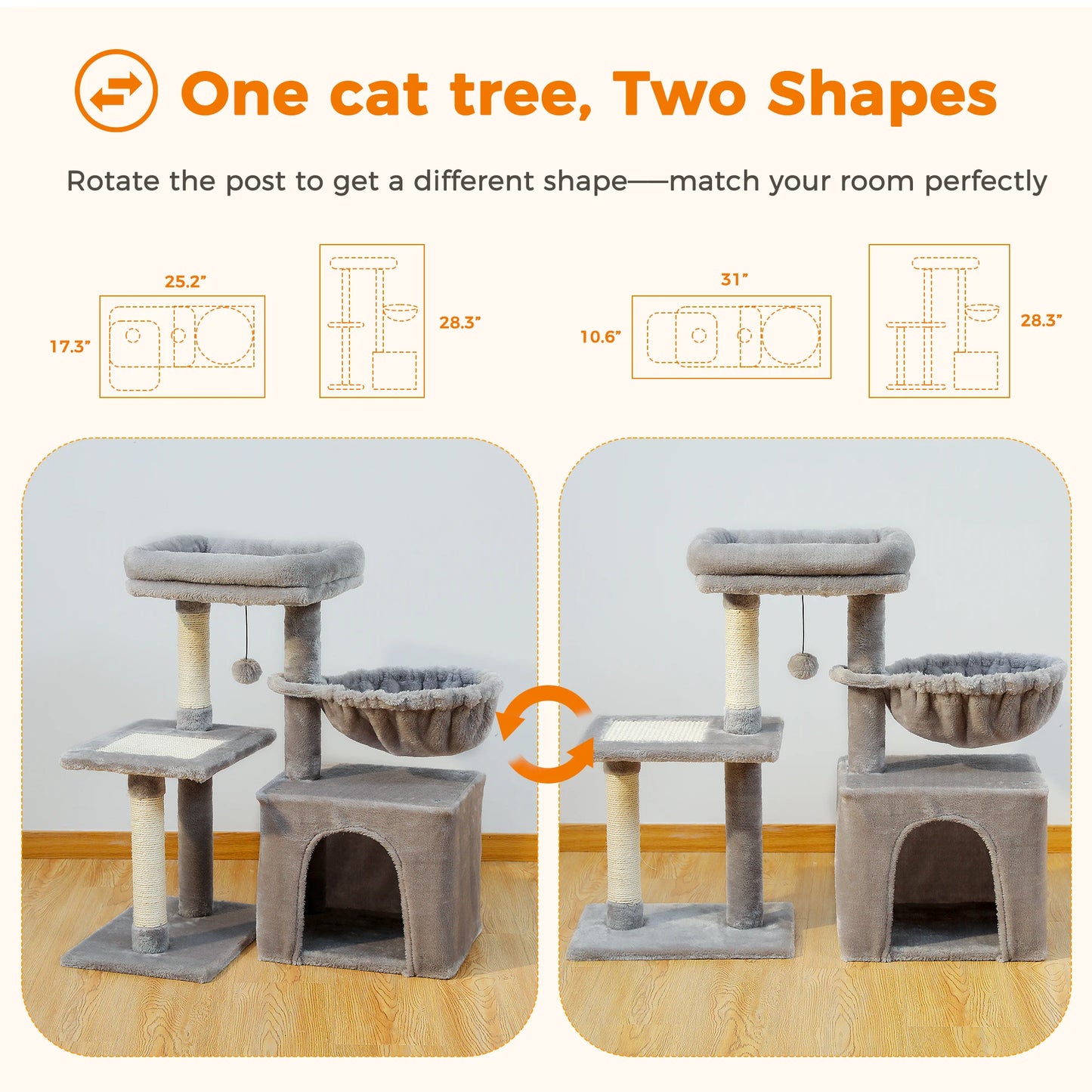 Arbre à Chat Griffoir en Sisal avec Hamac – Tour d'Activité 3 Niveaux
